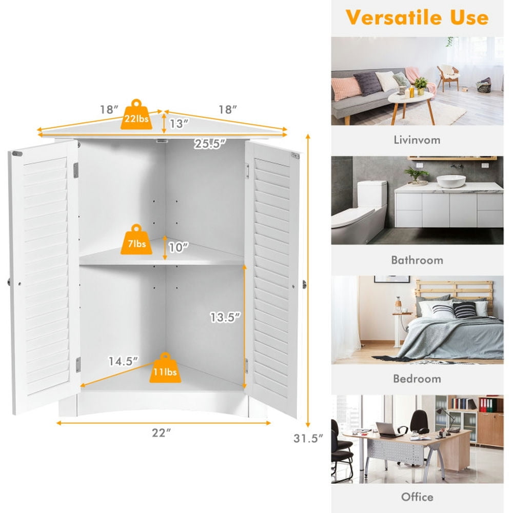 Finihen Storage Cabinet, Floor Cabinet, Adjustable Corner Storage Cabinet with Shutter Doors, for Bathroom, Living Room, Bedroom, Kitchen, White
