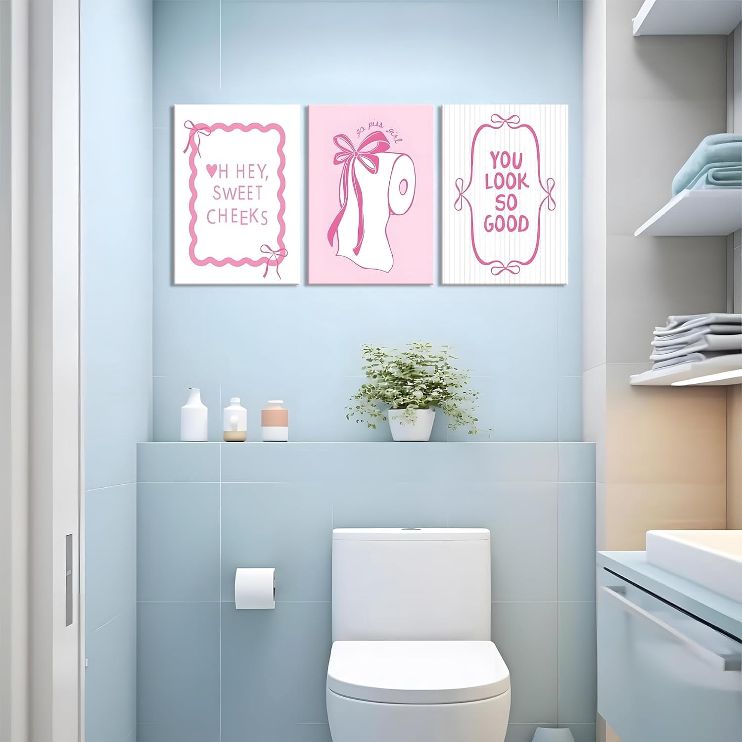3Pcs Pink Bow Bathroom Canvas Wall Art Bowknot Coquette Posters Prints Preppy Picture Decor For Bathroom Washroom Restroom 16x12in Framed