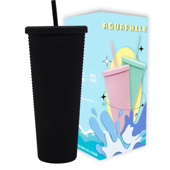 Aquaphile Plastic Matte Studded Tumbler with Lid and Straw Reusable BPA Free Iced Coffee Cups Double Wall Smoothie Cup,Black