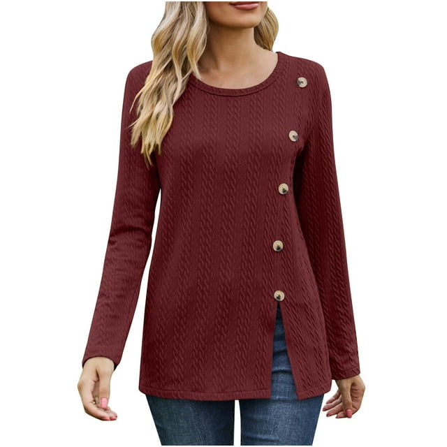Yuyuzo Hauts de Mo pour Femmes Col Rond Bouton Manches Longues Tops Irréguliers Fendus Chemises d'Automne