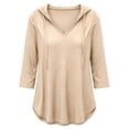 thumbnail image 4 of Women's Plus 3/4 Sleeve Tunic Tops Drawstring Hoodie V Neck Loose Fit Curved Hem Hooded Shirts to Wear with Leggings Fall Casual Outfits, Beige, L, 4 of 10