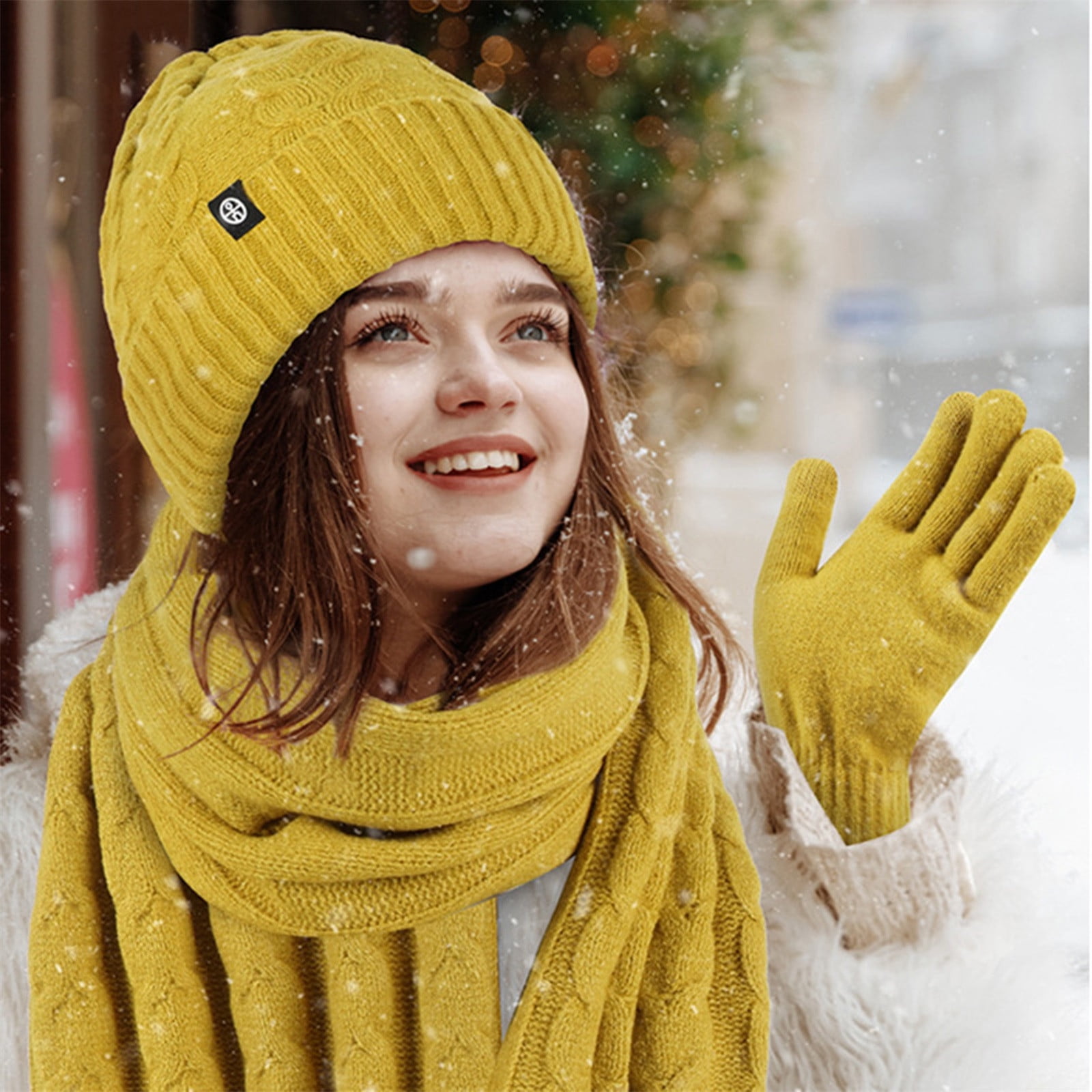 ☃️ Yellow Silver Accents Knit Hat Scarf Gloves 3pc Winter Cold Weather Set NWT AWZXDE Winter Solid Color Hat Scarf Gloves Warm Three-Piece  main image 2