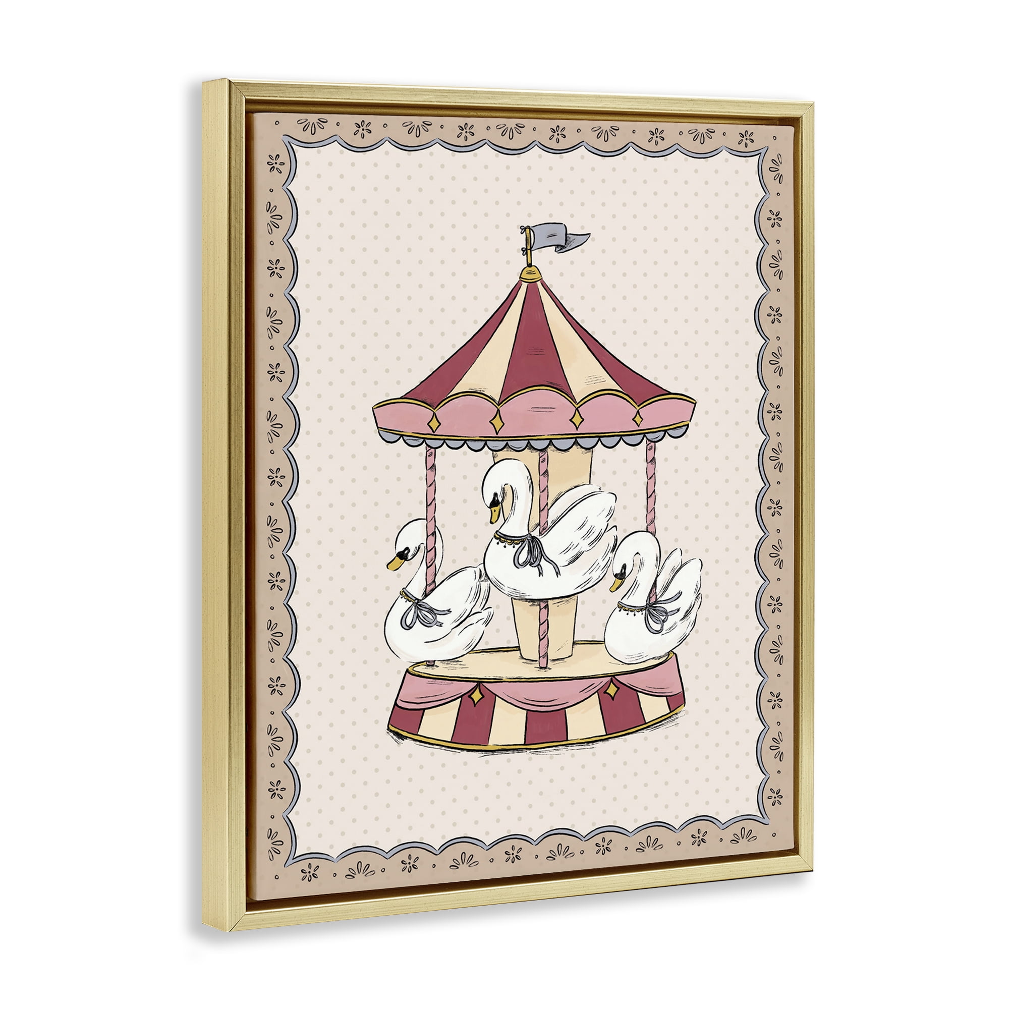 Stupell Industries Vintage Swan Carousel Animals Painting Gold Floater Framed Canvas Art Print Wall Art, 17 x 21