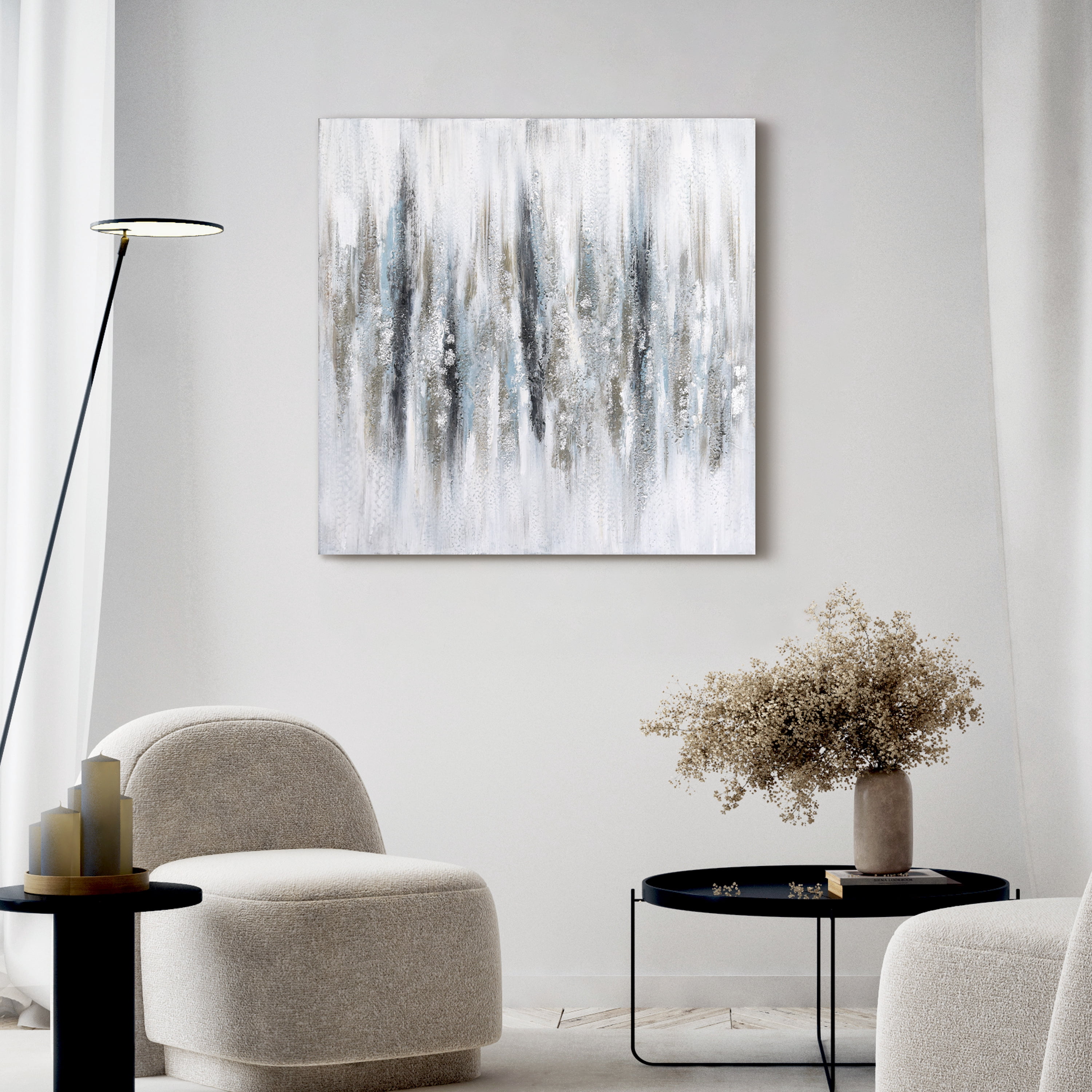 Silver Echoes Textured Hand Painted Framless Canvas Wall Art with Silver Glitter and Silver Leaf