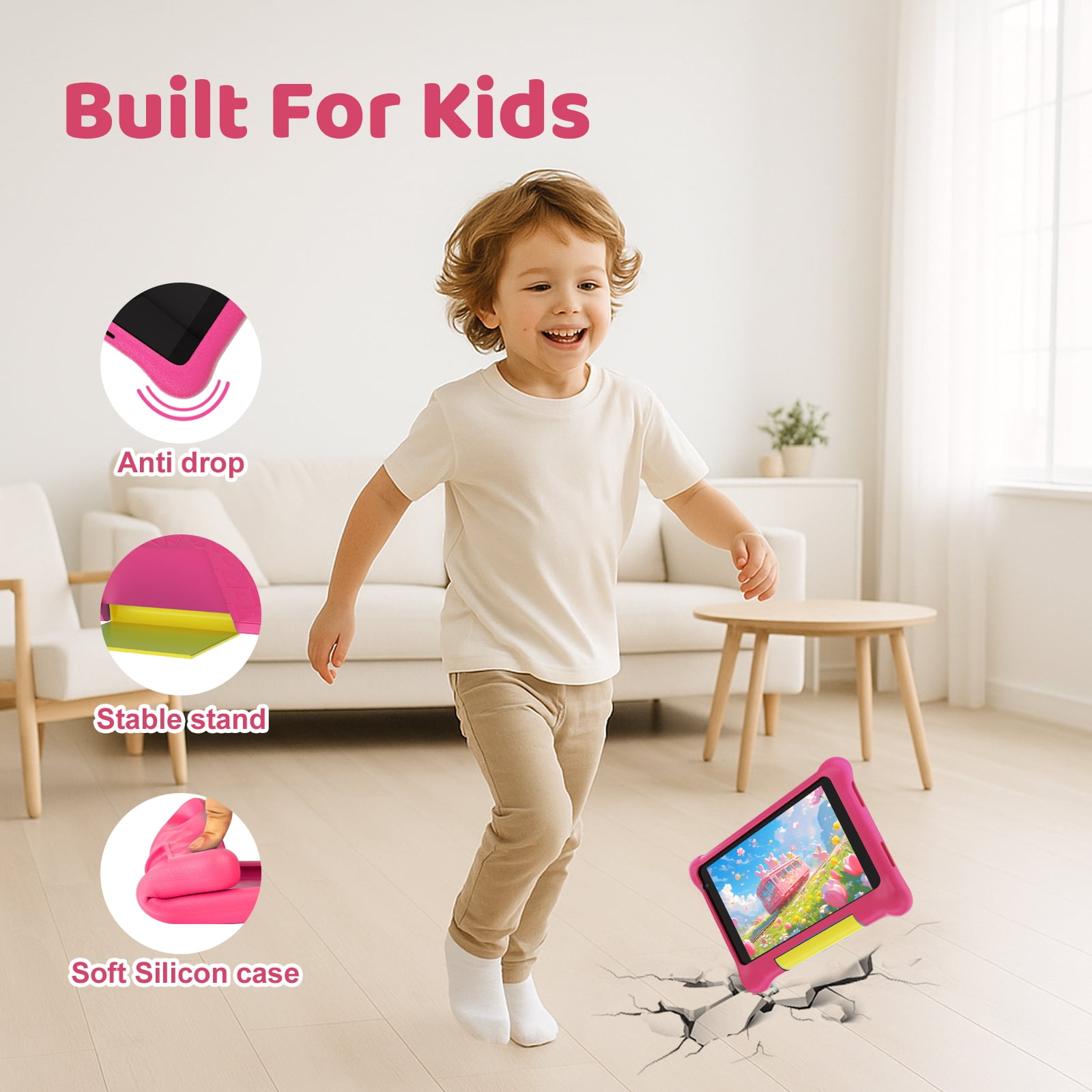 7" Kids Learning Tablet Bundle - Headphones, Stylus & Bag, Pre-Installed & Parental Controls,Android 13 allwinner Go Quad Core, 5GB RAM + 32GB ROM, 128GB Expansion-Pink