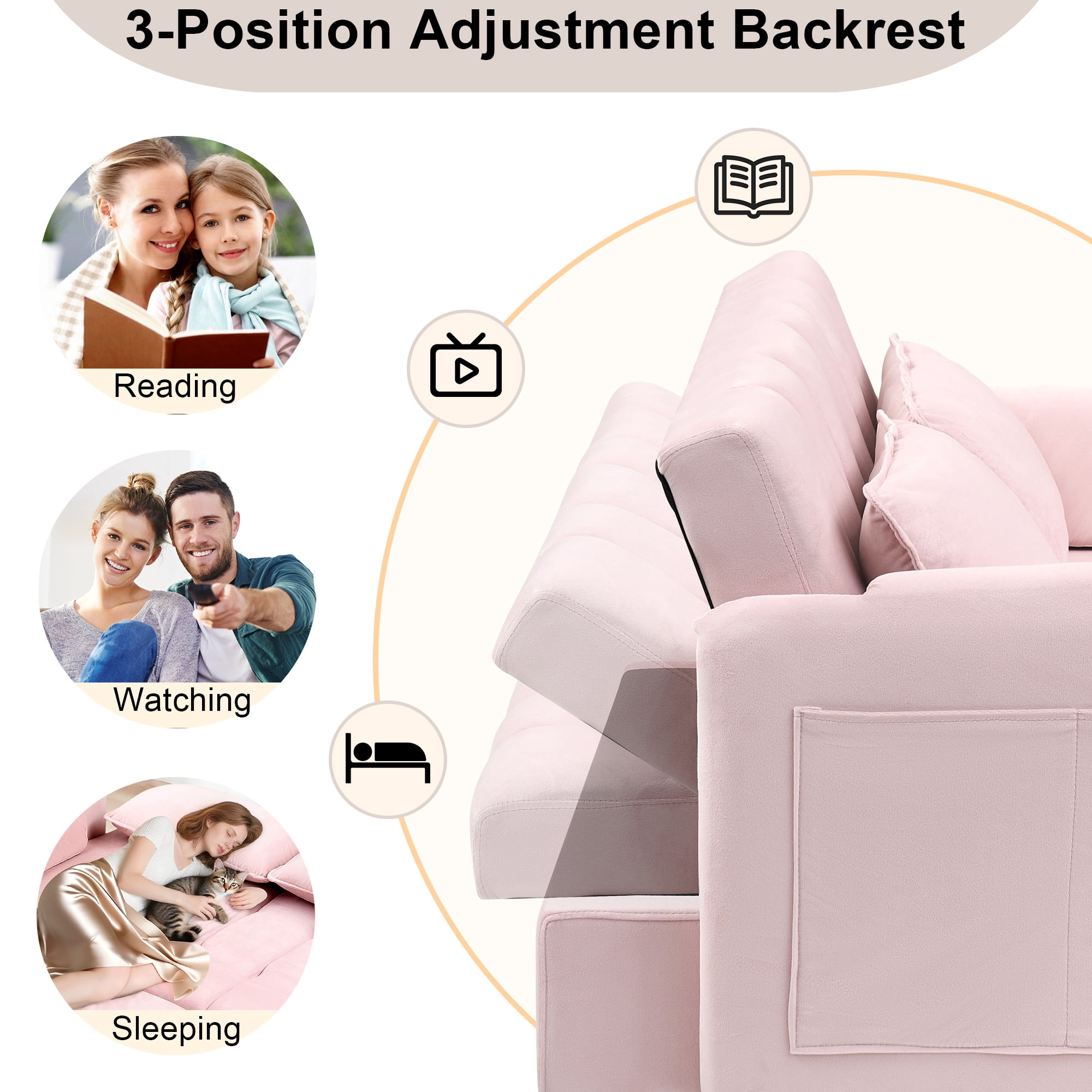 BedLuxury 53" Velvet Convertible Futon Sofa Bed, 3-in-1 Loveseat Sleeper Sofa with Pull Out Bed & Adjustable Backrest for Living Room or Office, Pink