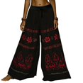 thumbnail image 2 of Bovemsi Women's Bubble Texture Linen-Like Ethnic Print Casual Pants – Retro Floral Wide Leg Trousers for Summer, Red, XXL, 2 of 4