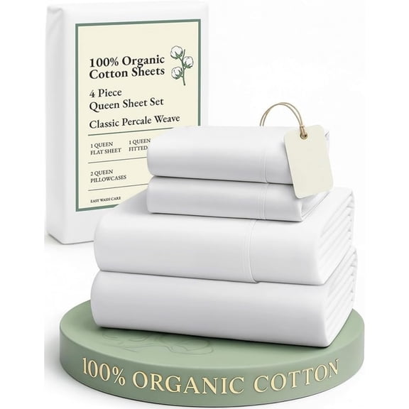 Organic Cotton Queen Sheet Set, Soft & Comfy Fully Elasticized 15" Deep Pocket Bed Sheets, Low Pill Naturally Cooling Machine Wash Queen- White Bed Sheets