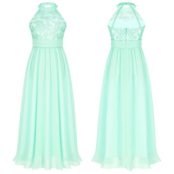 DPOIS Kids Flower Girl Dress Girls Halter Chiffon Lace Wedding Evening Prom Party Long Maxi Gown