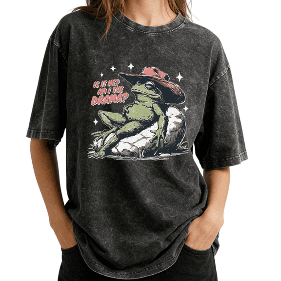 Western Cowboy Frog Humor Wash T-shirt Graphic Tees Funny Meme Shirts Charcoal Loose Fit S-2XL All-Season Tops