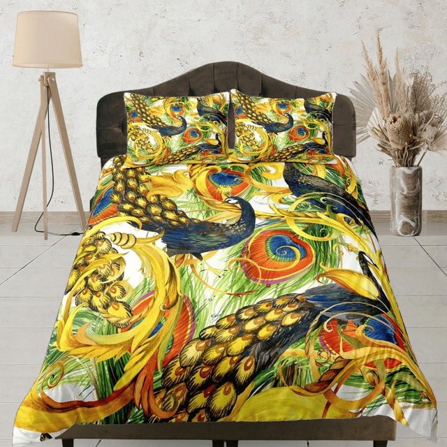 Pavo real dorado decoración estética juego de cama completo, funda nórdica de lujo reina,