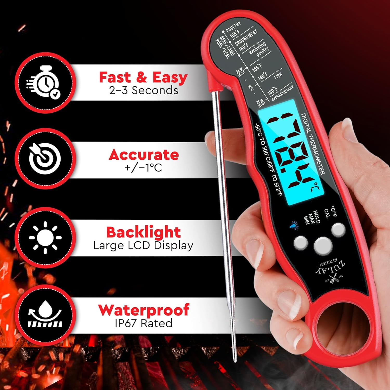 Zulay Kitchen Instant Read Food Thermometer Waterproof Digital Meat Thermometer w/ Backlight Red