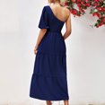 thumbnail image 4 of Edvintorg Women's 2025 Solid Summer Dress One Shoulder Sundresses Short Sleeve Casual Ruffle Party Beach A-Line Dresses Maxi Dresses for Women Blue S, 4 of 7