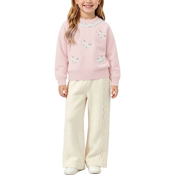 Cethrio Girls Knitted Outfit Sets, Long Sleeve Pullover Fall 2 Piece Girls' Clothing Sets Pink Size 7-8 T