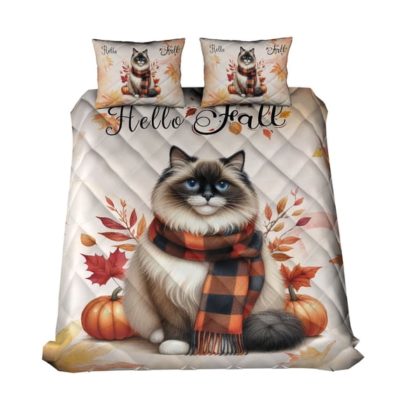 Hello Fall Ragdoll Scarf Welcome Autumn with Leaves Pumpkins Quilt Bedding Set Cat Lover Kitten Owner Gifts Idea 1 Blanket Bed Cover 2 Pillowcases - 00011