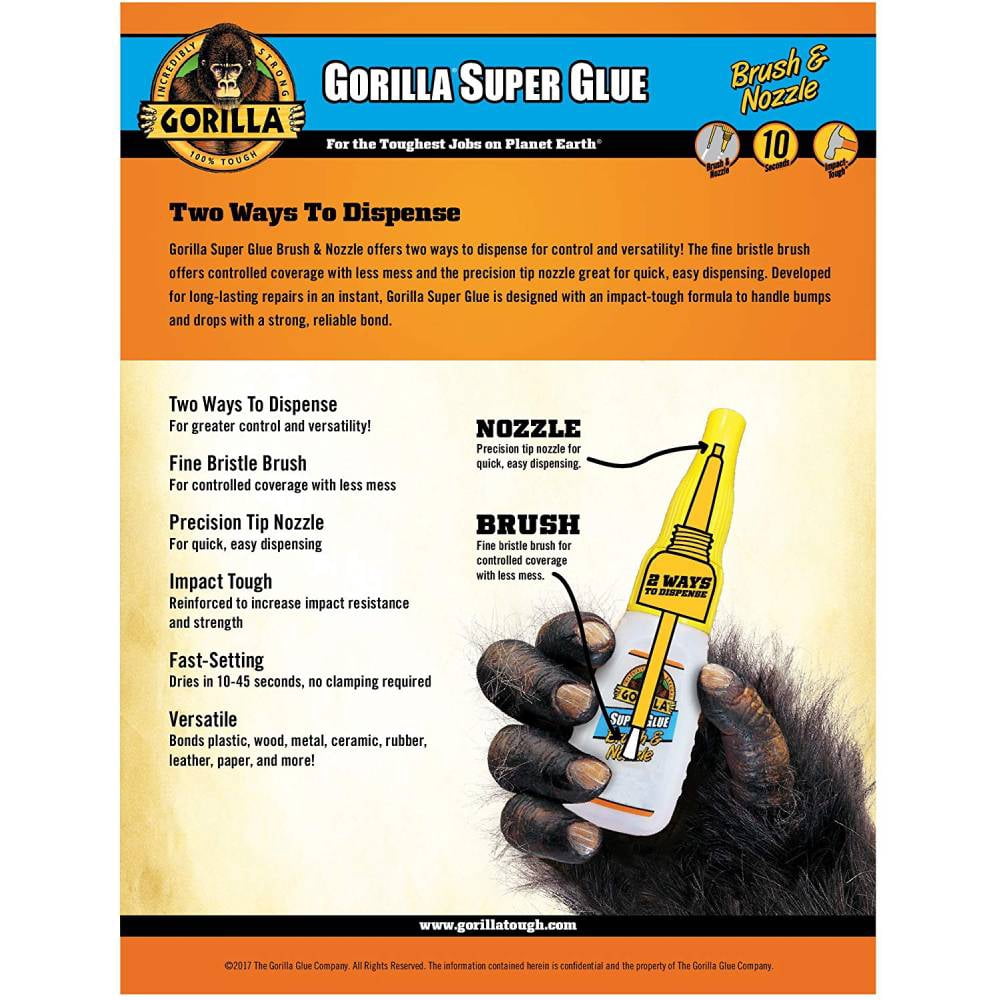 Gorilla Super Glue Brush And Nozzle Dual Option Fast 10 Second Setting Impact Tough 10g Dries Clear, 4-Pack