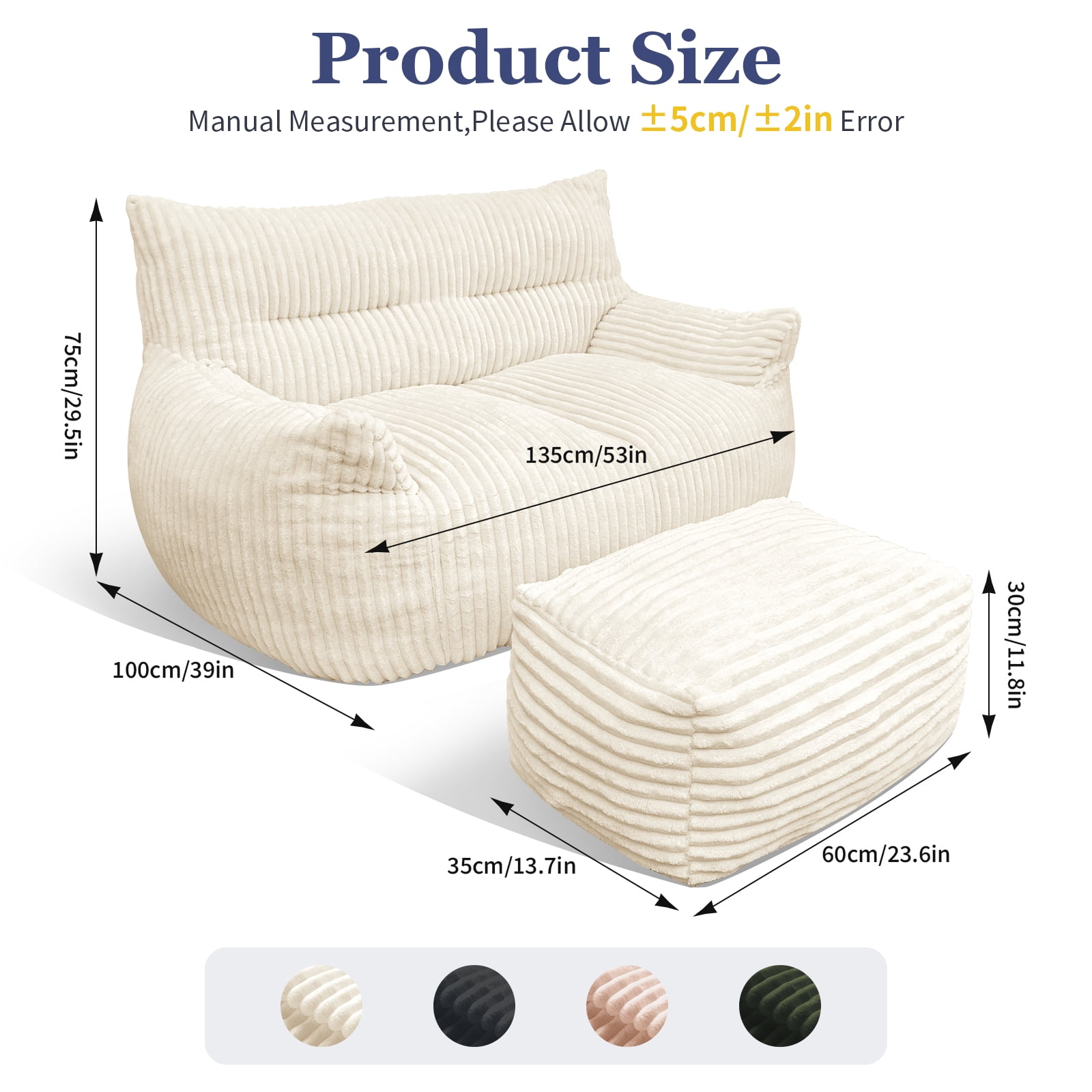 MOONMISS Corduroy Double Bean Bag Sofa with Ottoman 2-Seater Cloud Soft for Living Room Bedroom,Beige