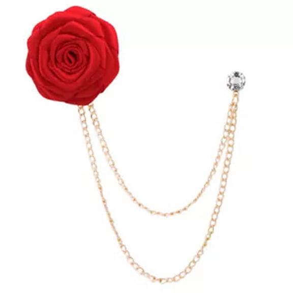 HOOUN Men Rose Flower Brooch Tassel Chain Lapel Pin Fabric Suit Brooches Handmade Pins-red