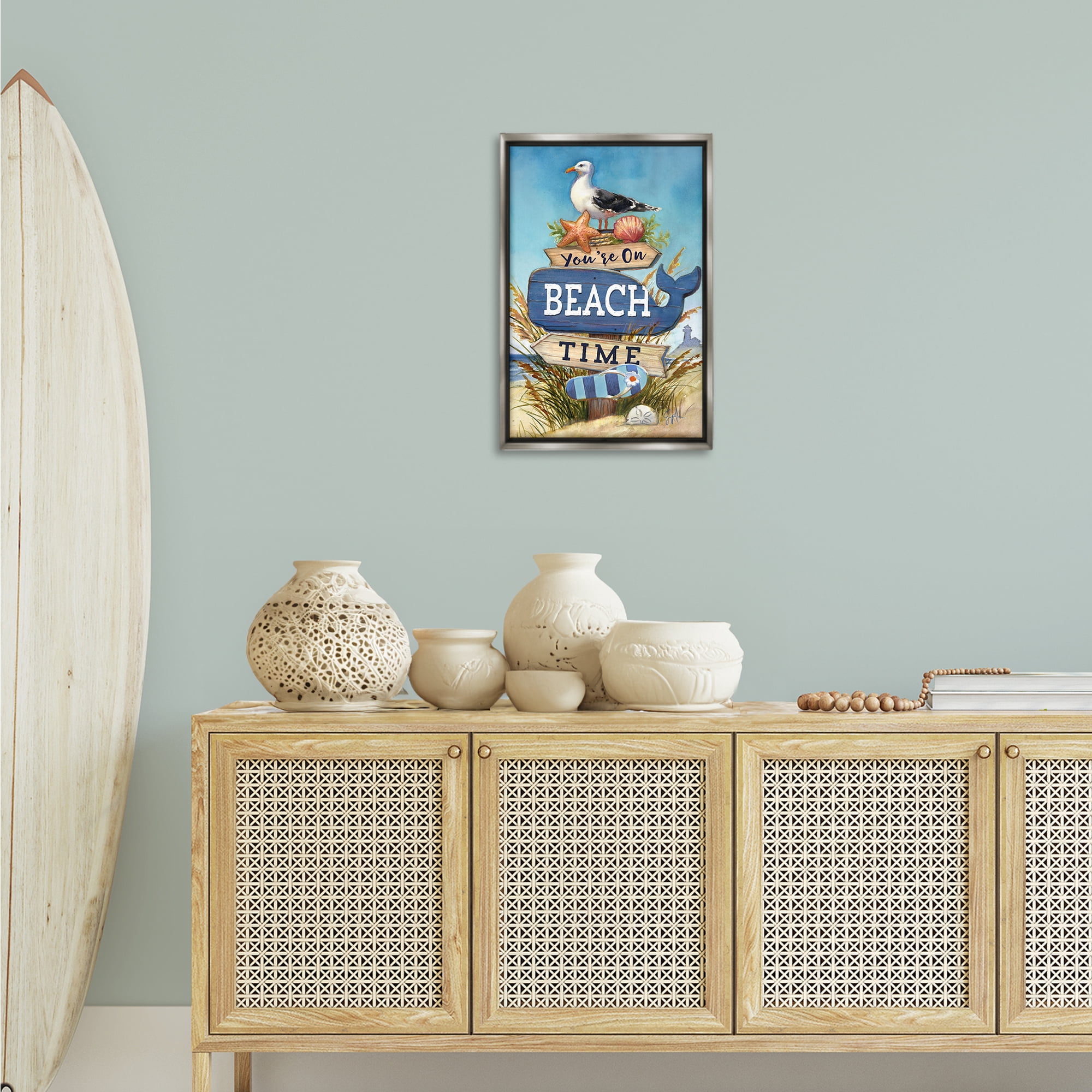 Stupell Industries On Beach Time Sign Nautical & Beach Painting Gray Floater Framed Canvas Art Print Wall Art, 17 x 25