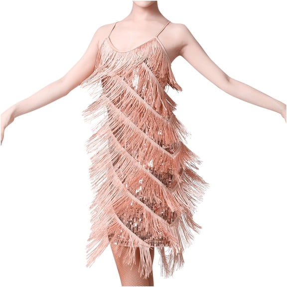 Staron Party Dresses for Women Sequin Feather Mini Dress Crewneck Sleeveless Casual Cocktail Night Out Stretchy Elastic, Rose Gold XL