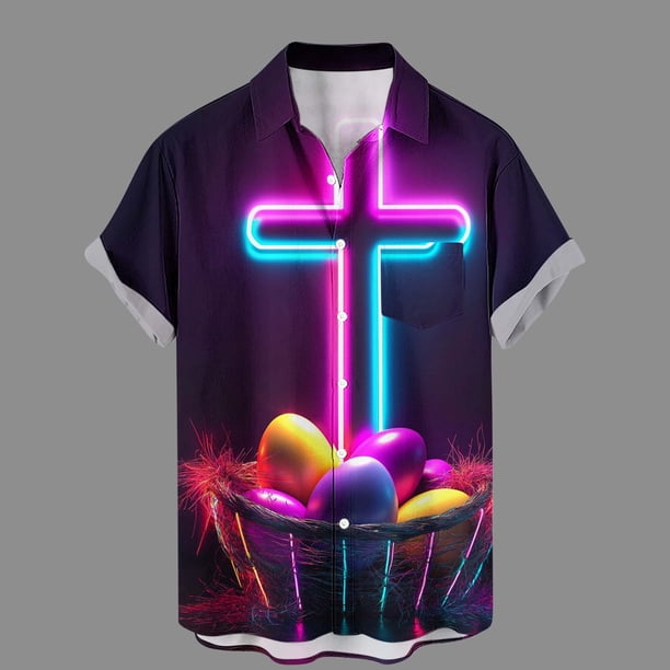 Ceisia Easter Graphic Print Shirt Men's Relaxed Fit Short Sleeve Button-Down Casual Top with Pocket Multicolor XXL Gifts