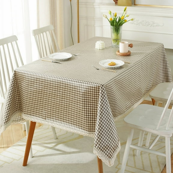 Linnome Cotton Linen Blend Lace Trim Plaid Tablecloth, Washable Wrinkle-Resistant Fabric for Dining, Living Room, and Restaurant