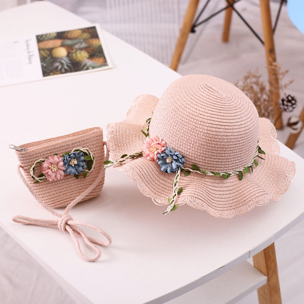 Girls Kids Straw Straw Hat Handbag Set Cute Flower Summer Beach Outdoor Sun Hat 