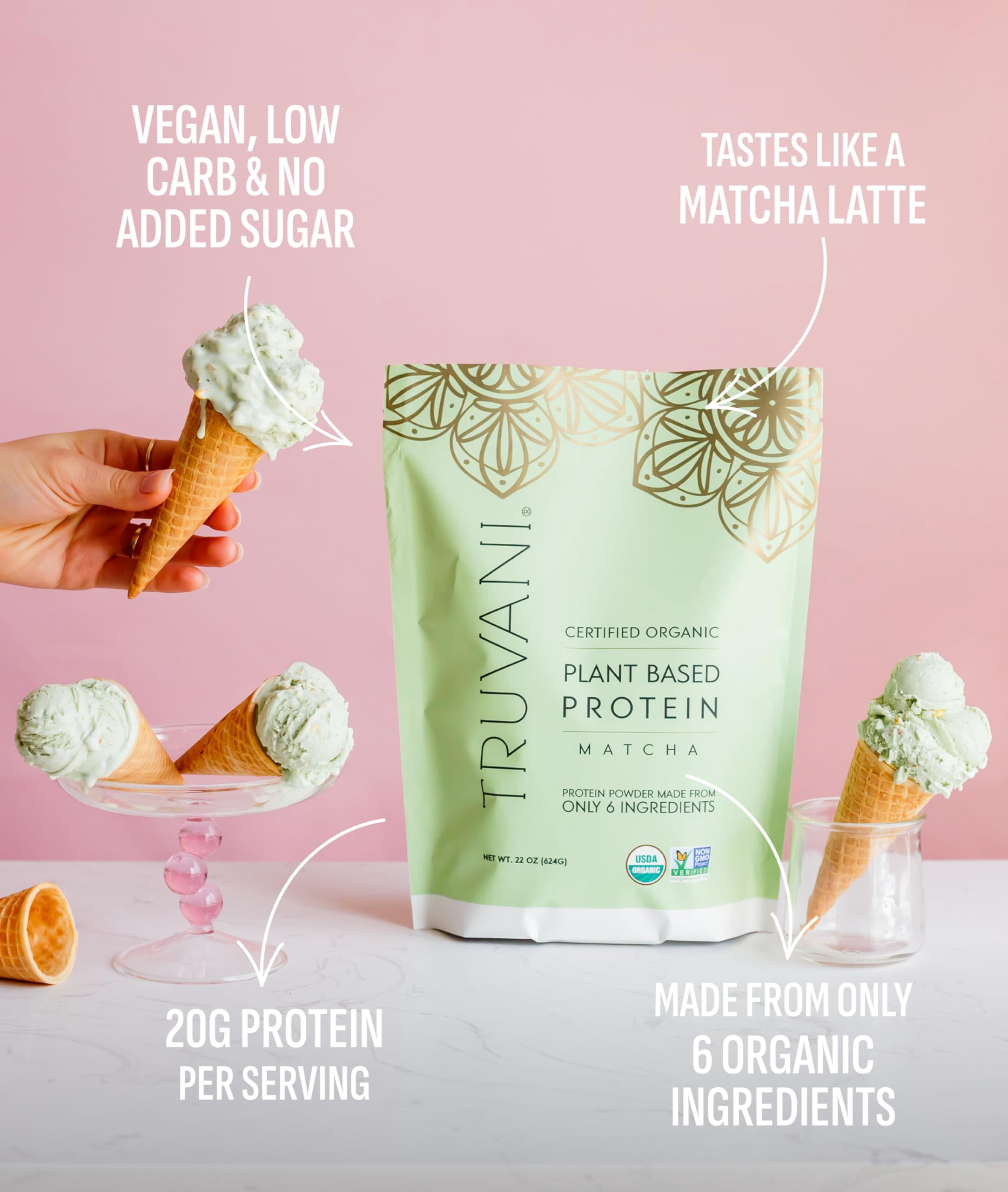 Truvani Vegan Plant Based Pea Protein Powder | Organic | Matcha | 20 Servings | Gluten & Dairy Free