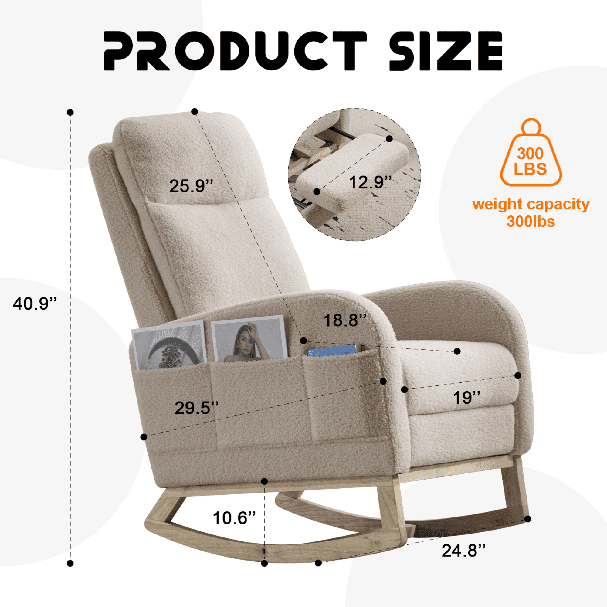 CARZZI LIFE Modern Nursery Rocking Chair, Teddy Upholstered Rocking Chair with Footrest, Comfortable Rocker Recliner with Side Pocket, Rocker Glider for Living Room, Bedroom, Nursing Room (Beige)
