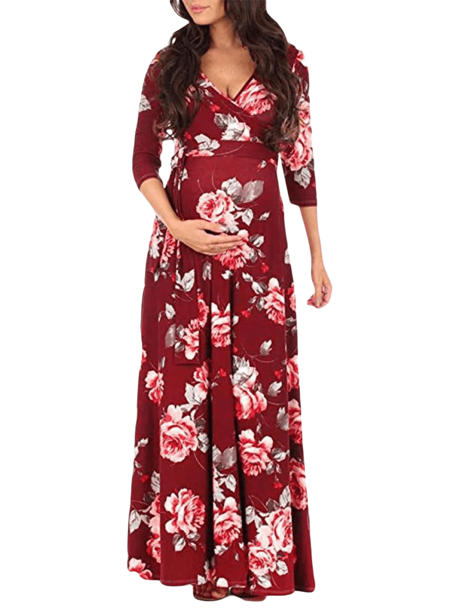 CAITZR Maternity Maxi Dress 3/4 Sleeve Flowy Dress Baby Shower Photoshoot Pregnancy Dresses