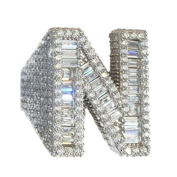 Men's Real Solid 925 Sterling Silver Initial Letter N Iced Baguette Flooded Out Big Hip Hop Ring Size 12