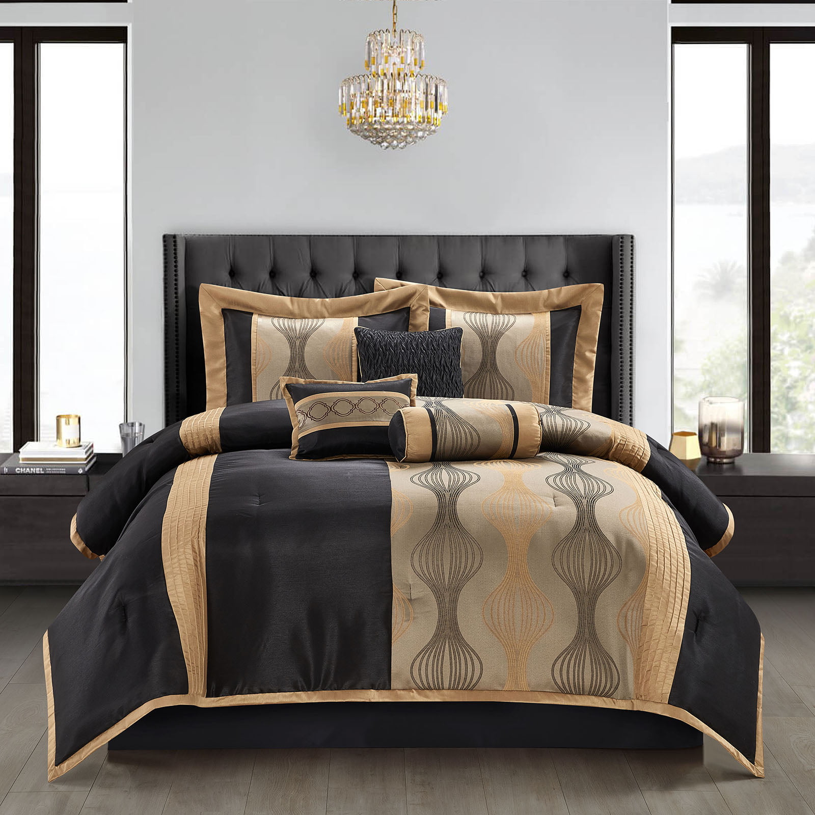 Lanco Elegant Black and Gold Comforter Set,Striped, 7 Pieces Jacquard  Bedding Sets with Comforter for All Season, Bed Skirt, Pillows & Shams,  Queen