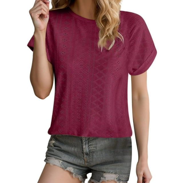 Ohufall T-Shirts Décontractés pour Femmes Été Manches Courtes Tee Respirant Col Rond Couleur Unie Hauts pour Dames
