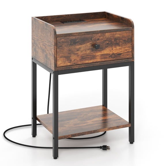 Resenkos Retro Nightstand wtih Charging Station, End Table Side Table with Drawers, Storage Cabinet for Bedroom, Living Room, Rustic Brown
