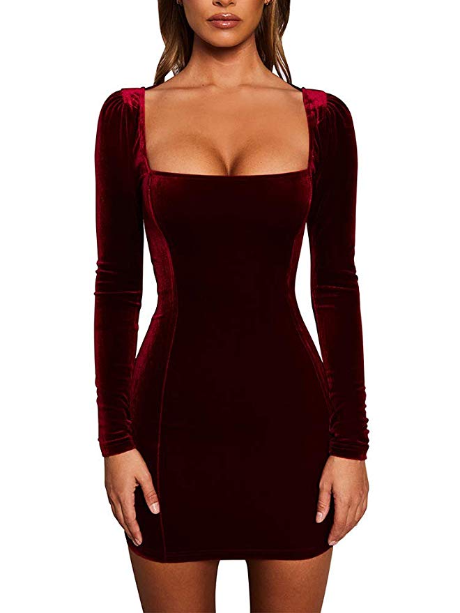 Pink Queen Womens Sexy Velvet Long Sleeve Bodycon Elegant Mini Party Dress, Women's, Size: Small, Red