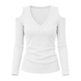thumbnail image 4 of Cold Shoulder Ribbed Top for Women Long Sleeve Slim Fit Deep V Neck Fitted Knit Shirt Fall Versatile Comfy Casual Basic Blouse White S, 4 of 7
