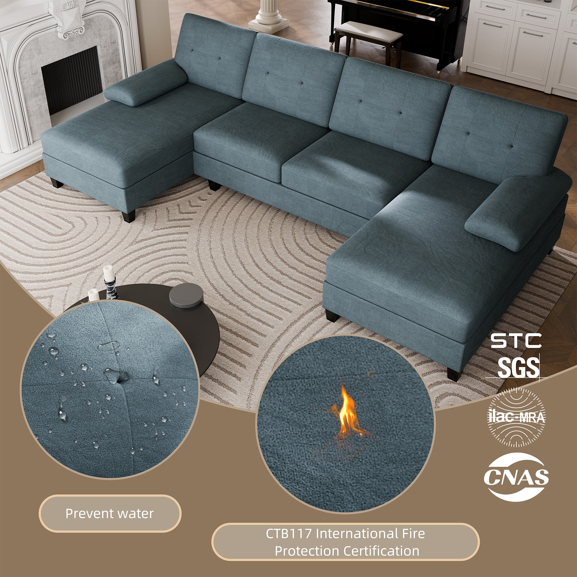 Walsunny Modern U-Shape Sectional Sofa, Chenille Fabric Modular Couch, 4 Seat Oversized Sofa with Chaise for Living Room