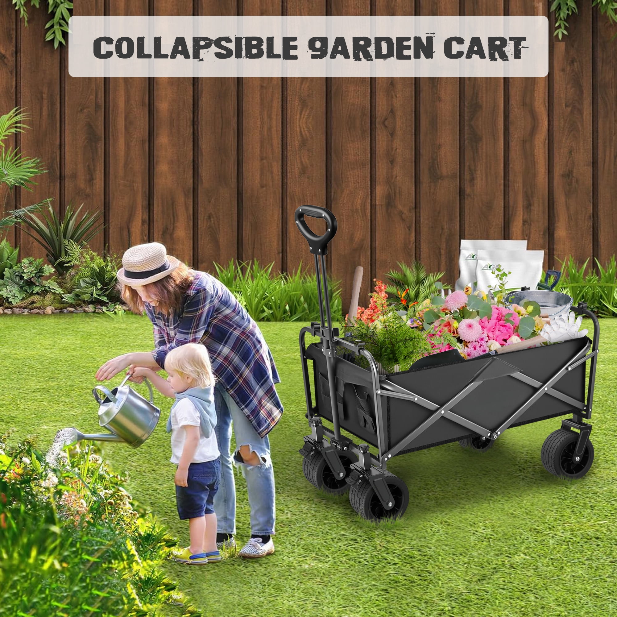 Qunler Large Collapsible Folding Wagon, 560 lbs Heavy Duty Big Bucket Utility Garden Cart with Oversized Tank Wheels for Sports, Shopping, Camping, Kids, Black