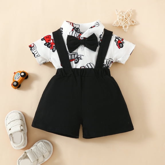 Infant Boys Clothes 2-Piece Short Sleeve Cartoon Romper Bodysuits Suspenders Shorts Outfits Sets Size 9-12 Months ,Black