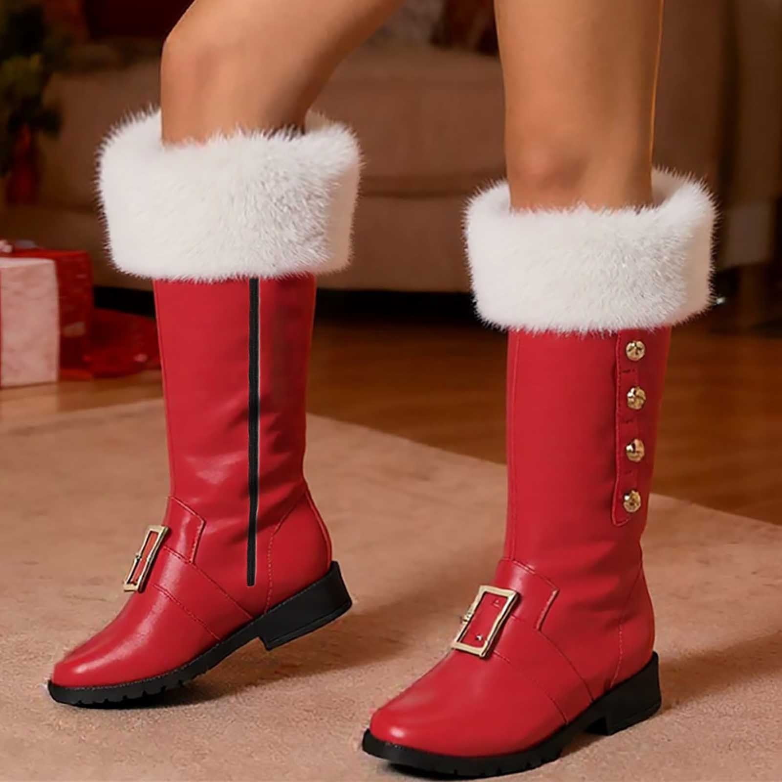 Gyexs Santa Boots Women Men Christmas Shoes Wide Calf Furry Suede