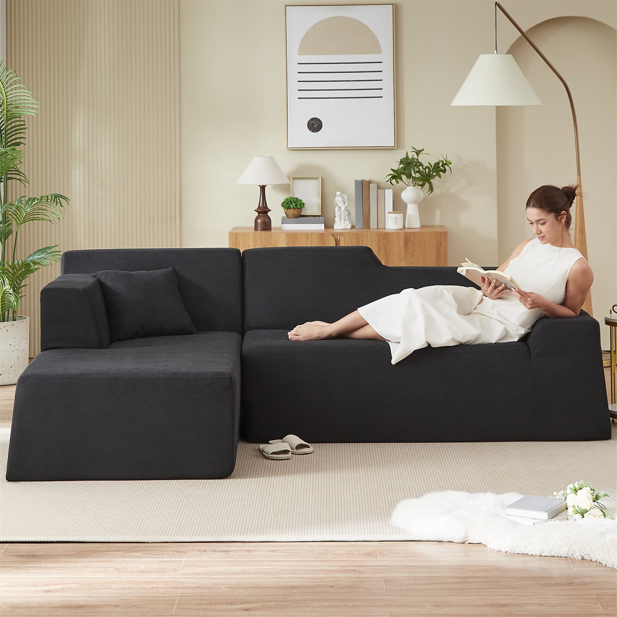 Aukfa 97" Cloud Sectional Sofa Trapezoid Boneless Couch Modular Sofa Bed for Living Room, Left Chaise, Black