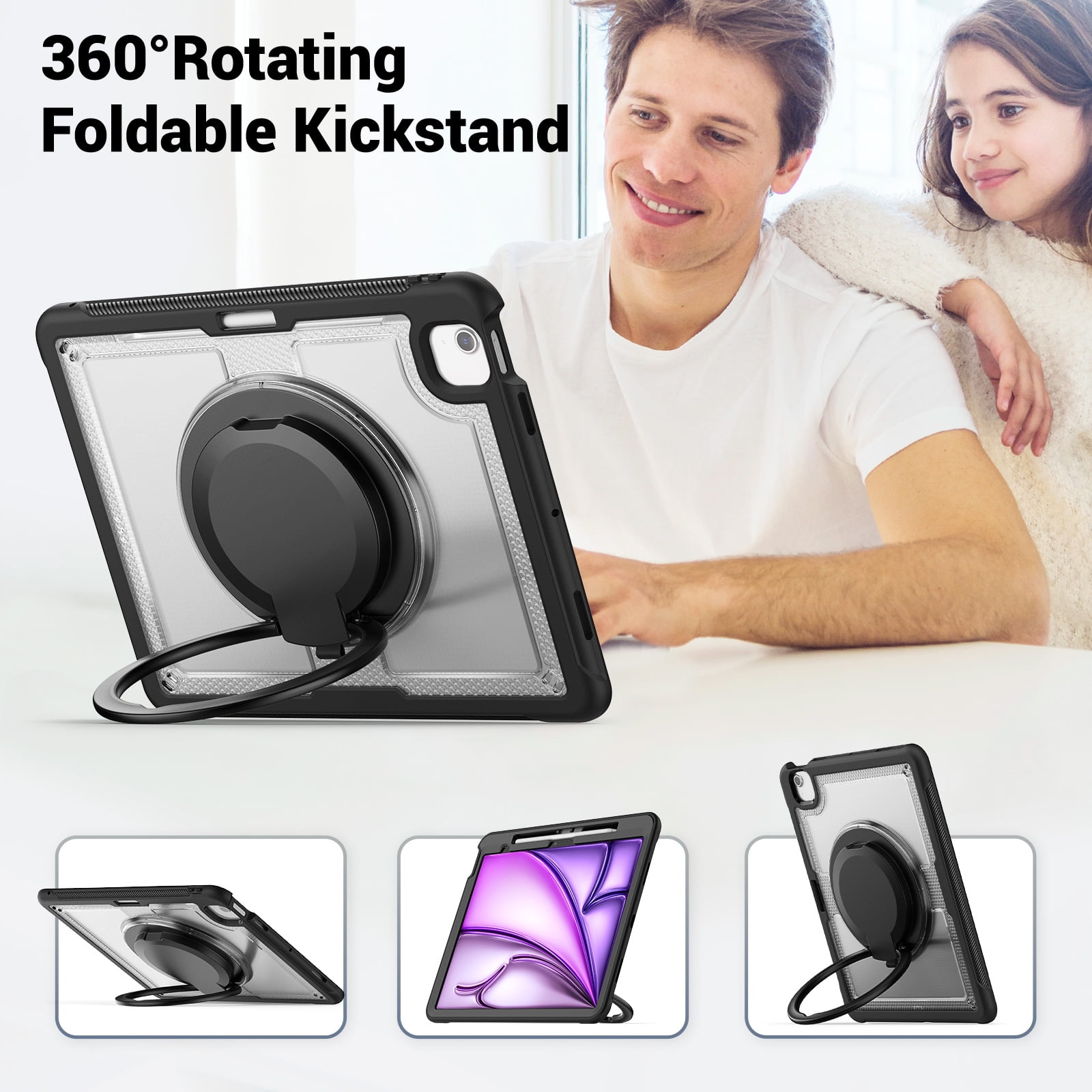 Shockproof Case for Apple iPad Air 13 Inch 2024 M2, Rugged Hybrid Protective Cover with Pencil Holder & Shoulder Strap Kids Friendly Rotating Kickstand Case for iPad Air 13" 2024, Clear