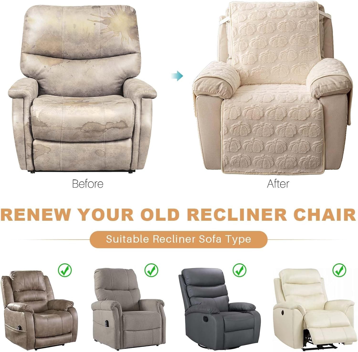 TOPCHANCES Plush Recliner Chair Cover, Faux Rabbit Fur 1-Seater Sofa Cover, Washable Armchair Protector with Adjustable Elastic Belt for 23 Inches Recliner (Off-white)