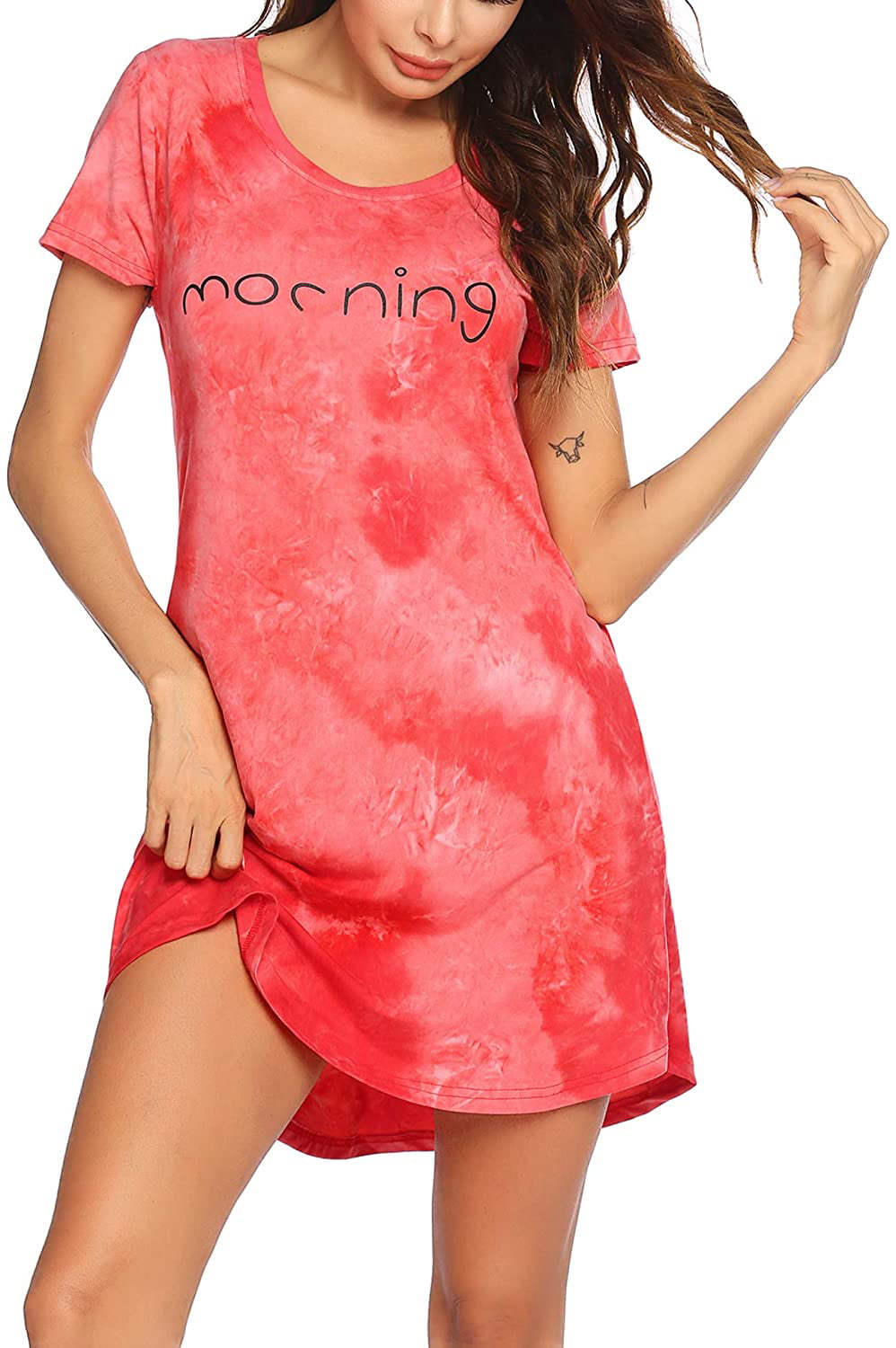 Hotouch Nightgown for Women Sleeping Short Sleeve Sleep Dress Cute Print Night S