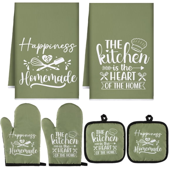 6 Pcs Kitchen Decor Accessories Set Farmhouse Towels Pot Holders Oven Mitts Set 2 Dish Towels 2 Potholders 2 Cooking Mittens Oven Glove for Christmas Baking Cooking Supply(Green,Kitchen)