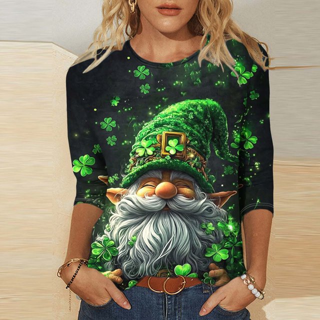 T-Shirt à Col Rond Imprimé de la Saint-Patrick pour Femmes, Manches Trois Quarts 3/4, Coupe Ample