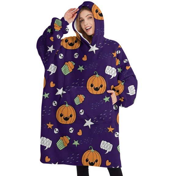 Oversized Wearable Blanket Hoodie,Halloween Cute Pumpkins and Cupcakes Sherpa Blanket Hoodie with Super Pockets,Super Warm Fuzzy Pullover for Women & Men