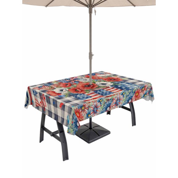 Outdoor Tablecloth with Umbrella Hole for Patio/Picnic/Party/Camping, Independence Day Waterproof Table Cloth Rectangle Table Cover Washable, Poppy Blue Floral Buffalo Plaid (60"x 84")