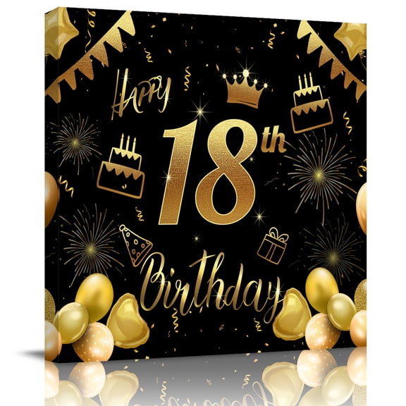 Wall Art Prints, Happy 18th Birthday Framed Canvas Prints for Bedroom Living Room Bathroom Office, Black Golden Balloon Cake Fireworks Gallery Wrap Wall Art Poster for Gifts Home Decor 16"x16"