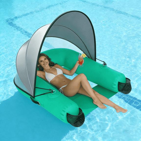 Pipopa Adult Inflatable Pool Floats with UPF50 & Rain Canopy,2 Large Drink Holders,Inflatable Lounger Float for Swimming Pool,Beach,Party,Green